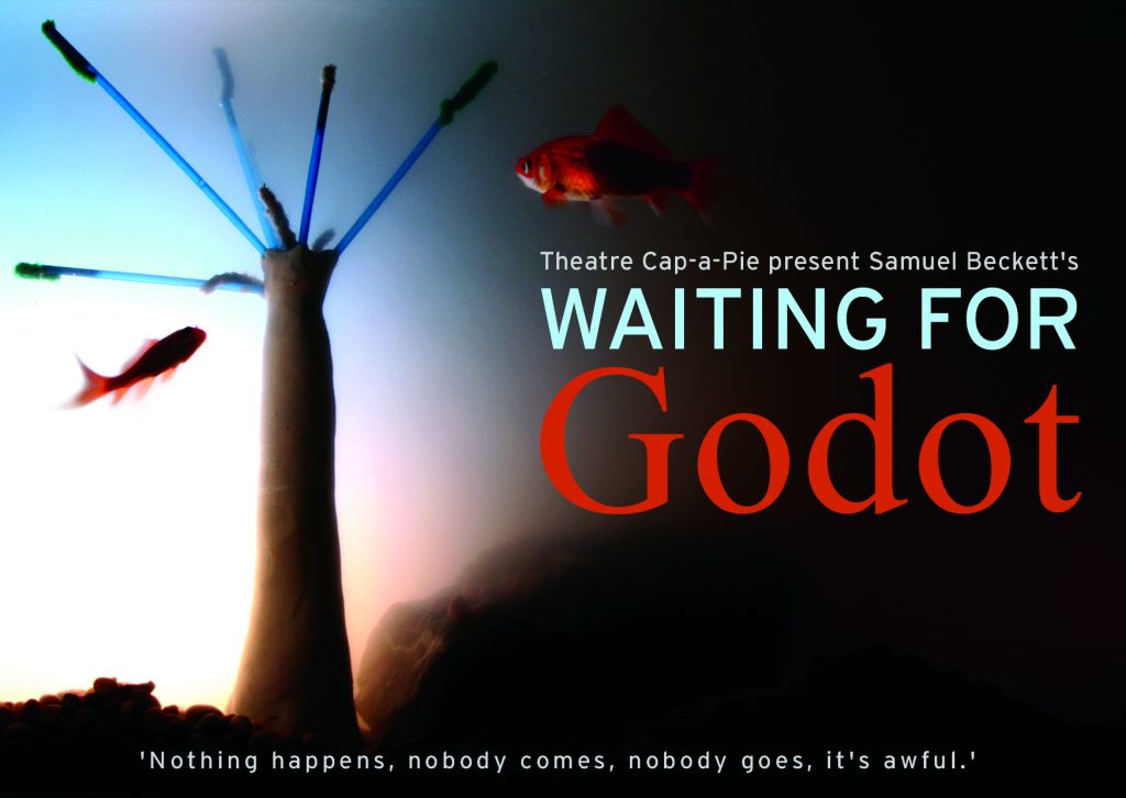 Flyer for waiting for Godot feature fish swimming around a model of a tree. 