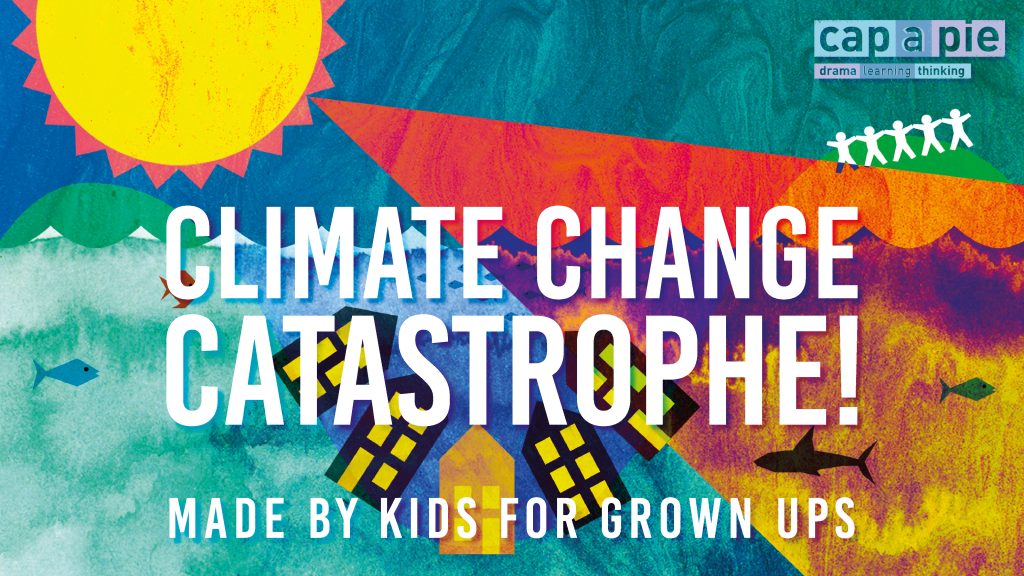 Graphic of fish swimming in the ocean, a row of houses under water, the sun and the words Climate Change Catastrophe overlayed.